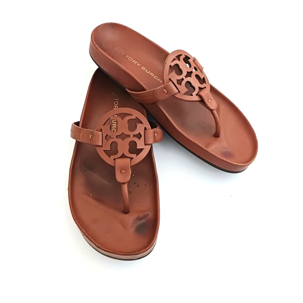 Tory Burch Miller Cloud Medallion Thong Sandals Bourbon Brown w Dustbag US 8M